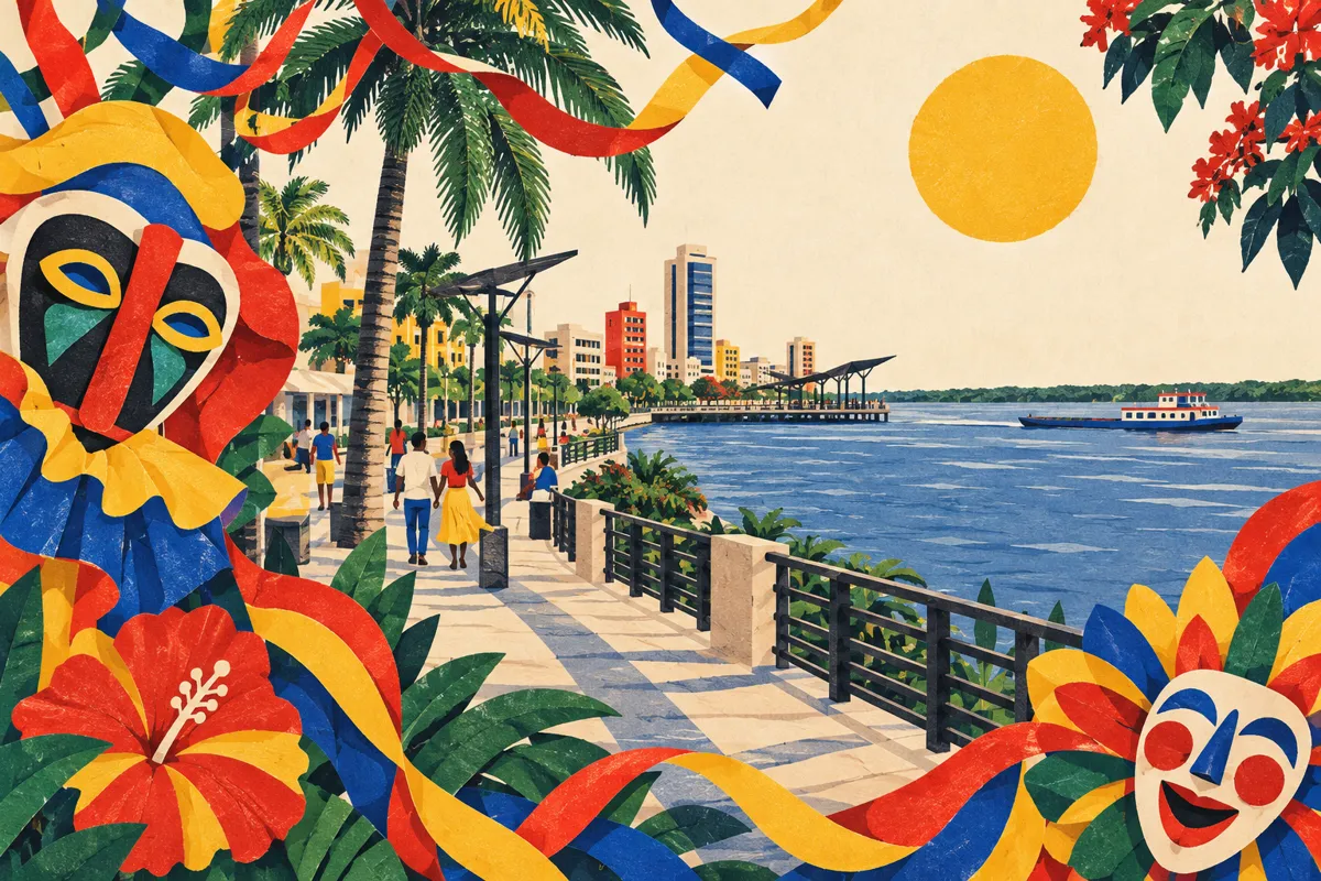 Ilustración editorial de Barranquilla junto al río Magdalena