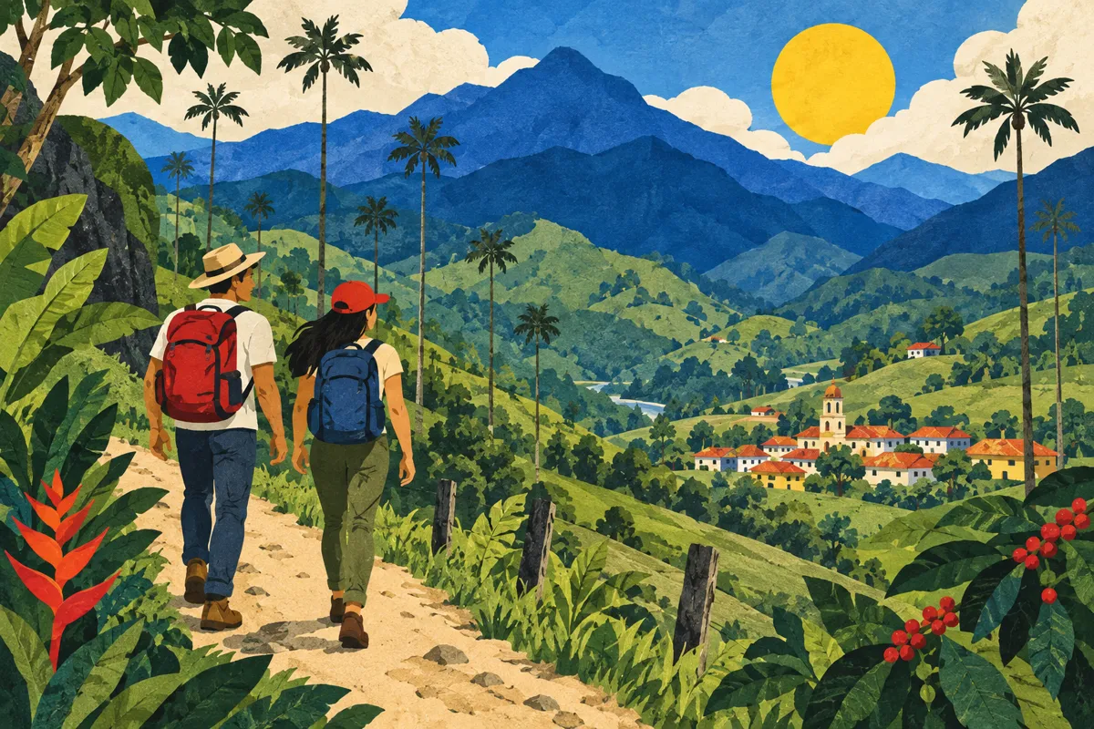 Ilustración de viajeros recorriendo un paisaje verde colombiano