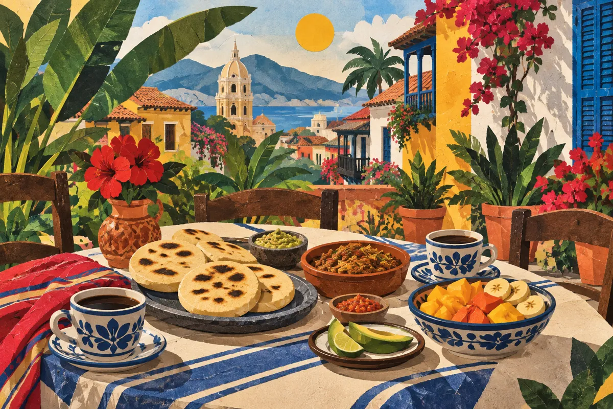 Ilustración de una mesa para compartir con café, arepas y frutas