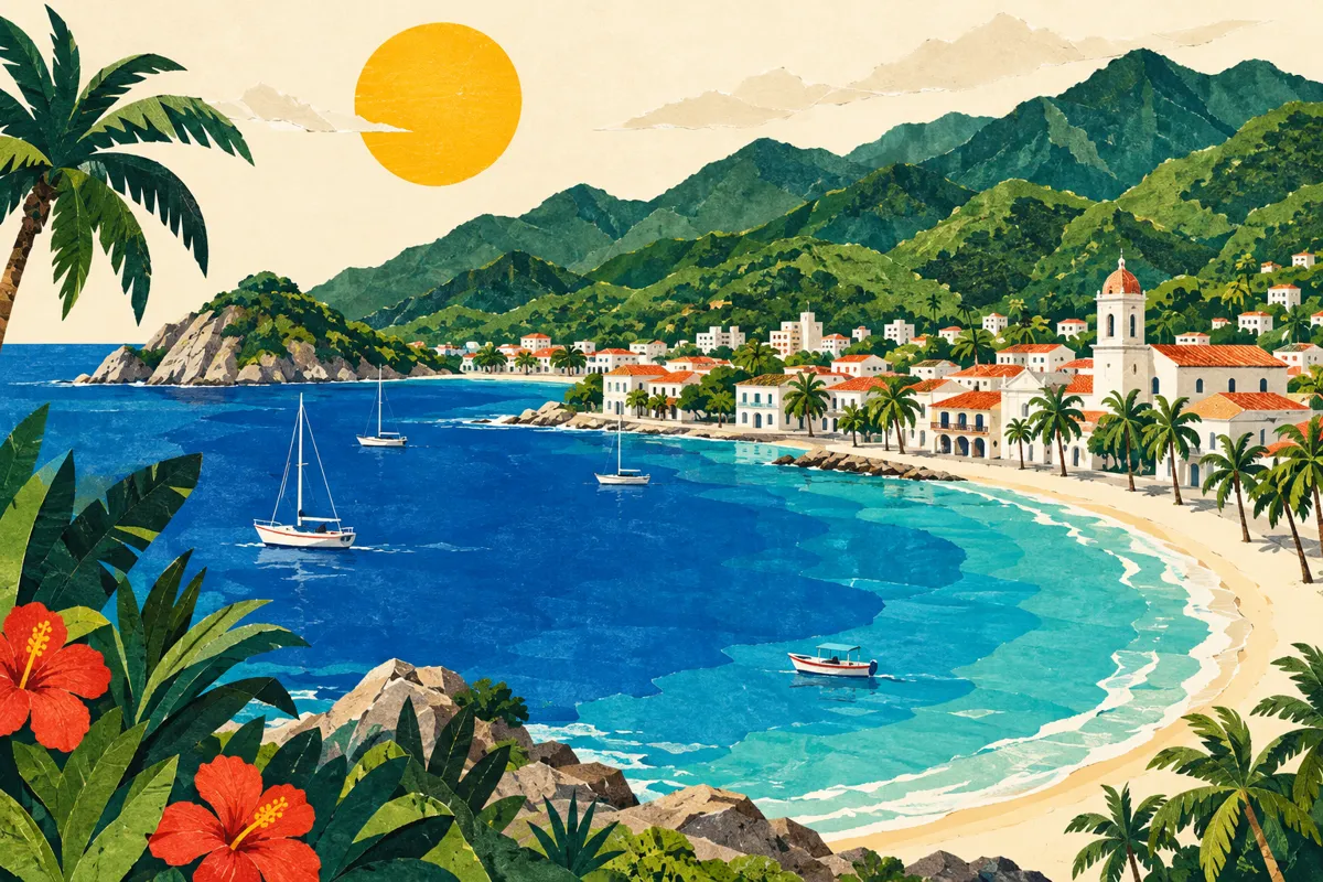 Ilustración editorial de la bahía de Santa Marta y montañas verdes